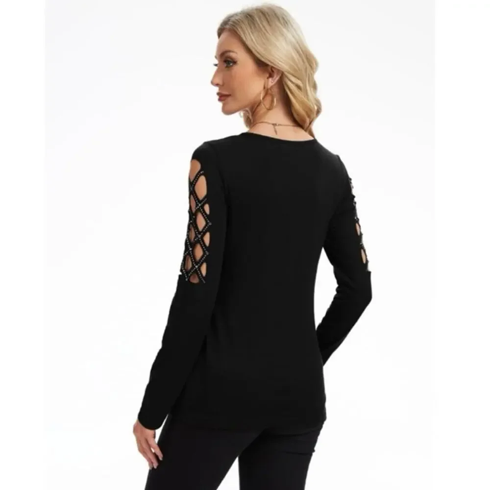 NEW Black Lattice Cutout Long Sleeve Top Edgy Chic Stretchy Crisscross Small - Picture 6 of 13
